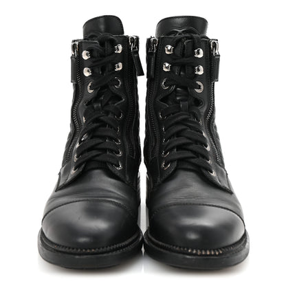 Chanel Calfskin Quilted Lace Up Combat Boots 37.5 Black 3 of 10