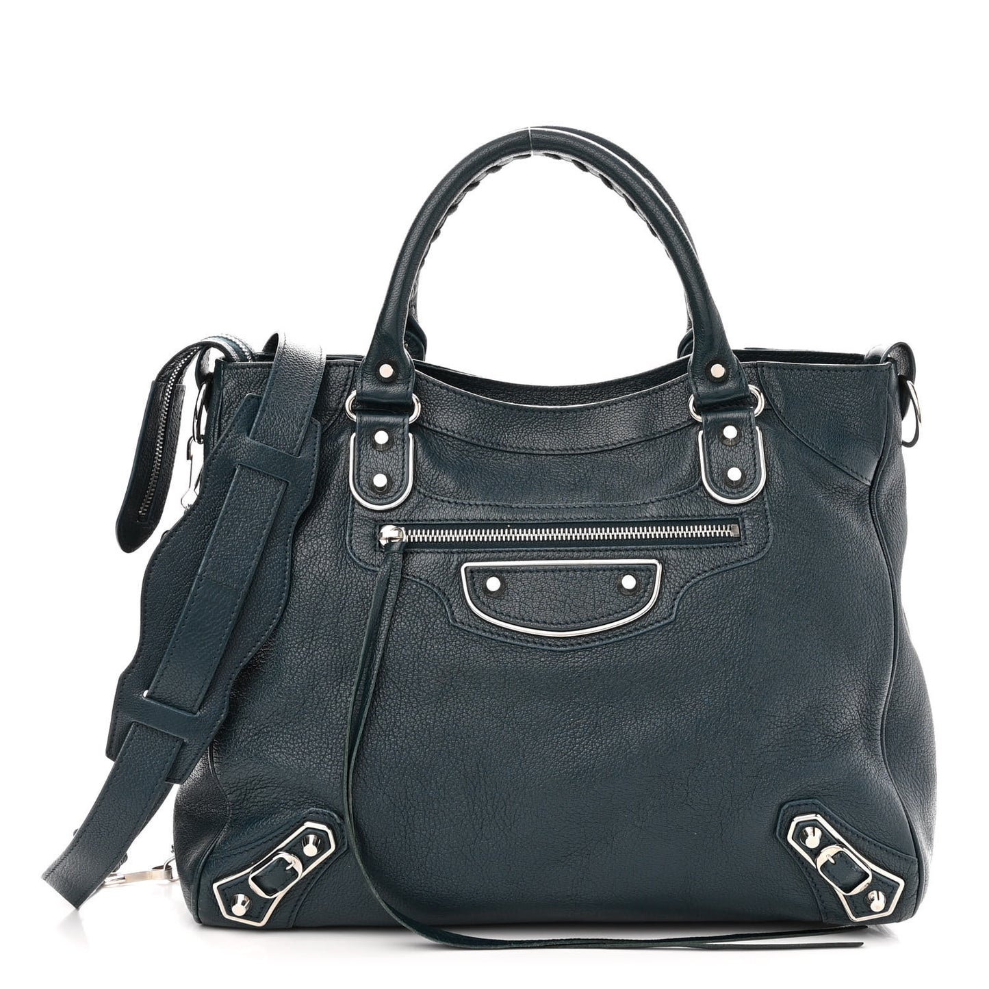 Chevre Silver Metallic Edge Hardware Velo Bleu Paon