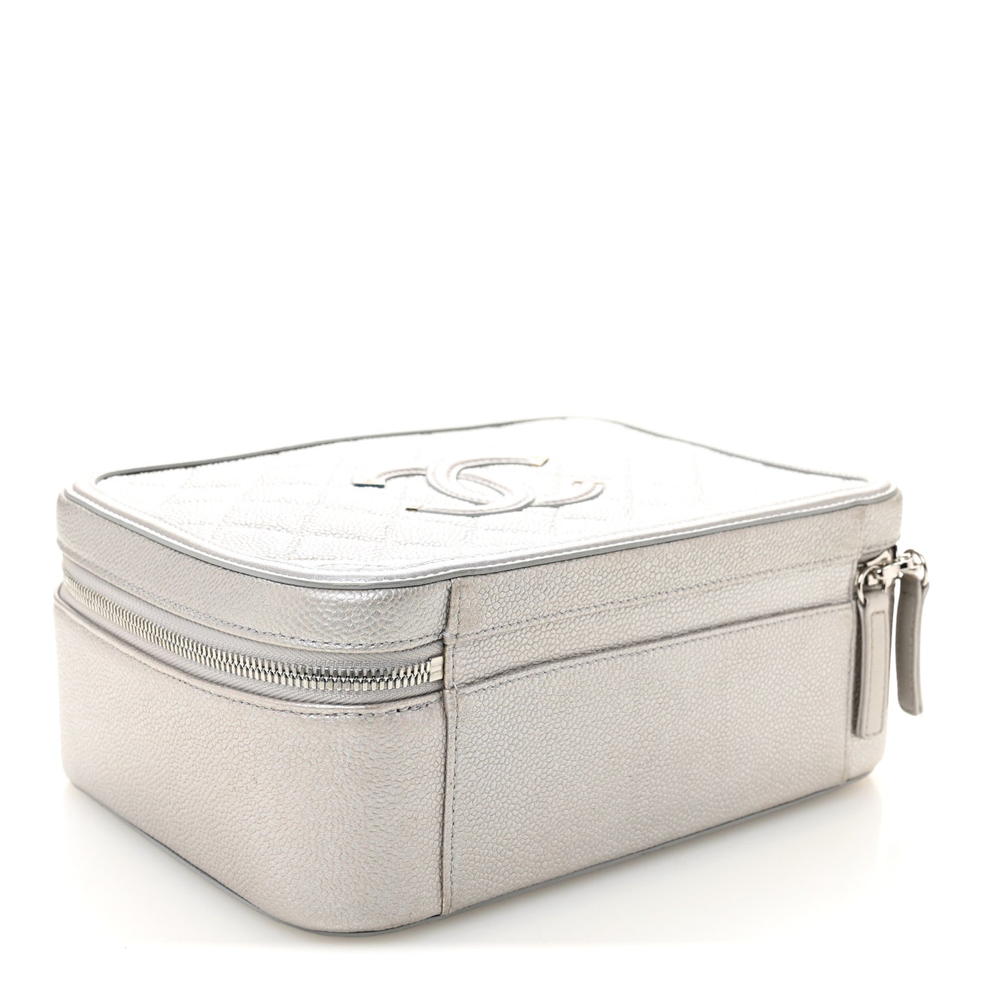 Metallic Caviar Quilted Large CC Filigree Vanity Case Silver