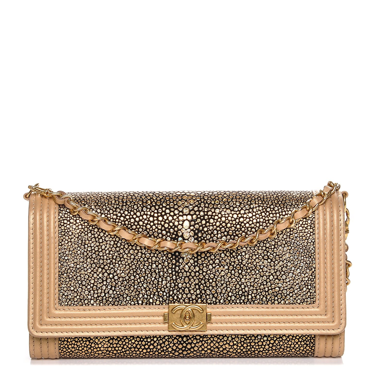 Metallic Galuchat Stingray Lambskin Boy Wallet With Removable Chain Gold