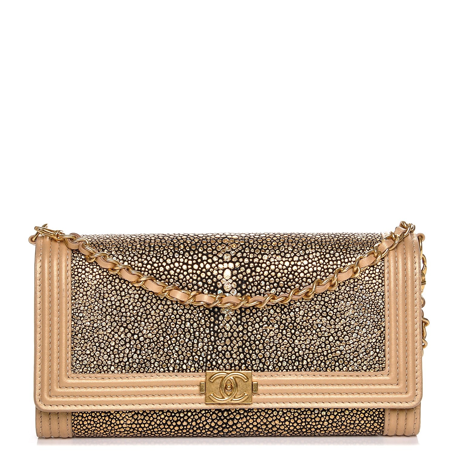 Chanel Metallic Galuchat Stingray Lambskin Boy Wallet With Removable Chain Gold 1 of 8