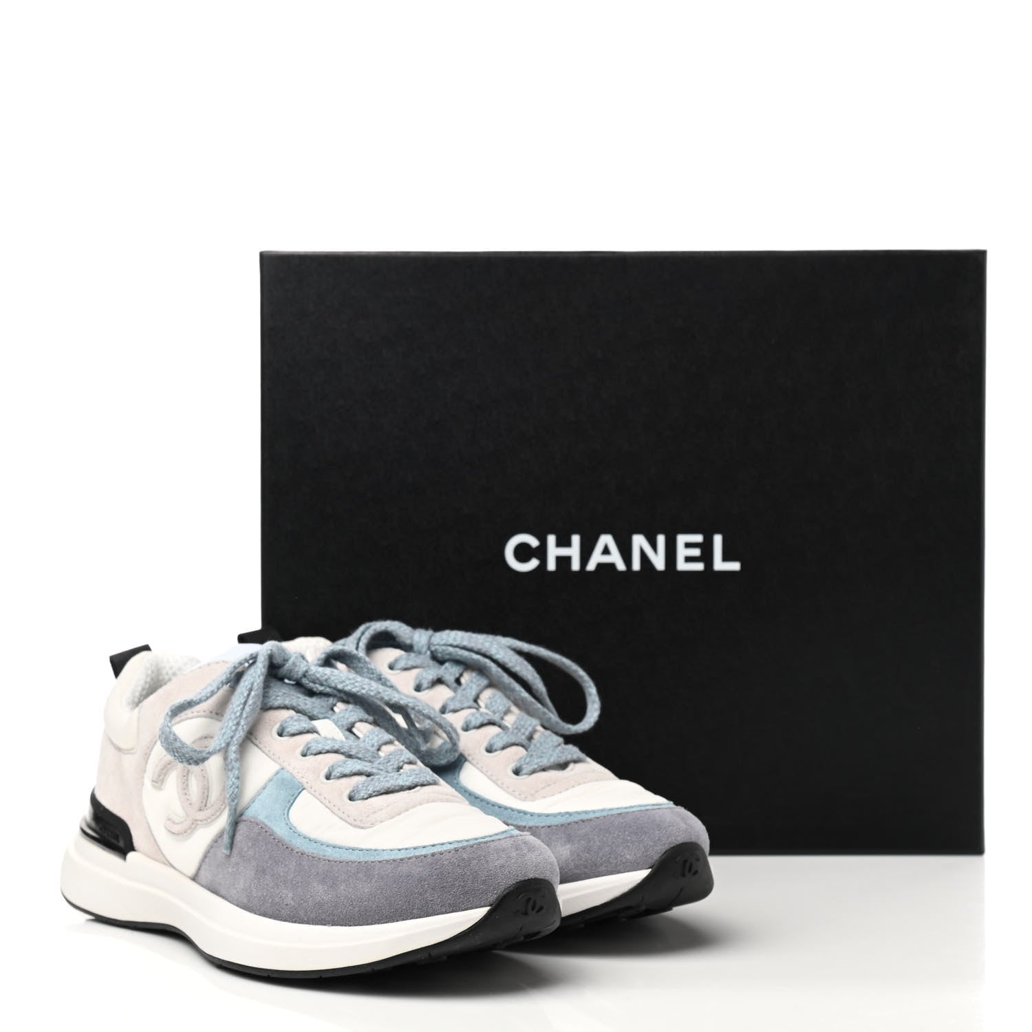 Chanel Nylon Calfskin Suede Womens CC Sneakers 36.5 White Grey Blue 8 of 8