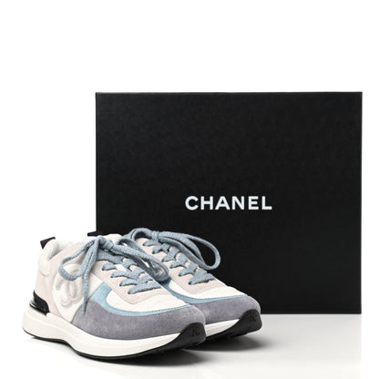 Chanel Nylon Calfskin Suede Womens CC Sneakers 36.5 White Grey Blue 8 of 8