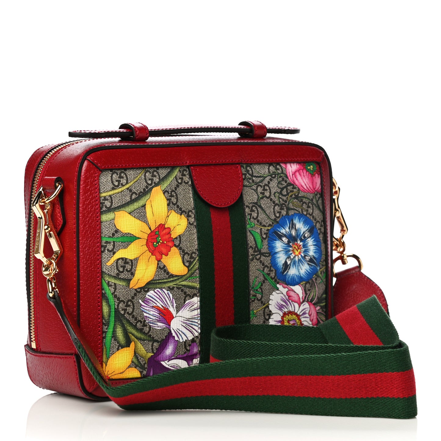 GG Supreme Monogram Flora Web Small Ophidia Top Handle Shoulder Bag Hibiscus Red
