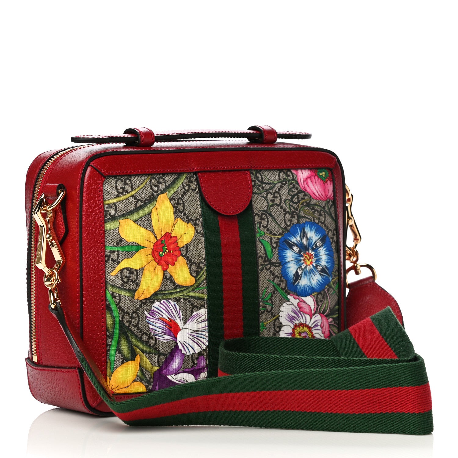 Gucci GG Supreme Monogram Flora Web Small Ophidia Top Handle Shoulder Bag Hibiscus Red 2 of 10