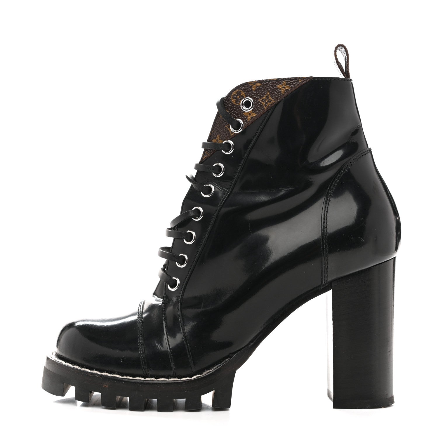 LOUIS VUITTON ハイヒールブーツ ブラック Louis Vuitton Glazed Calfskin Monogram Star Trail Ankle Boots 39