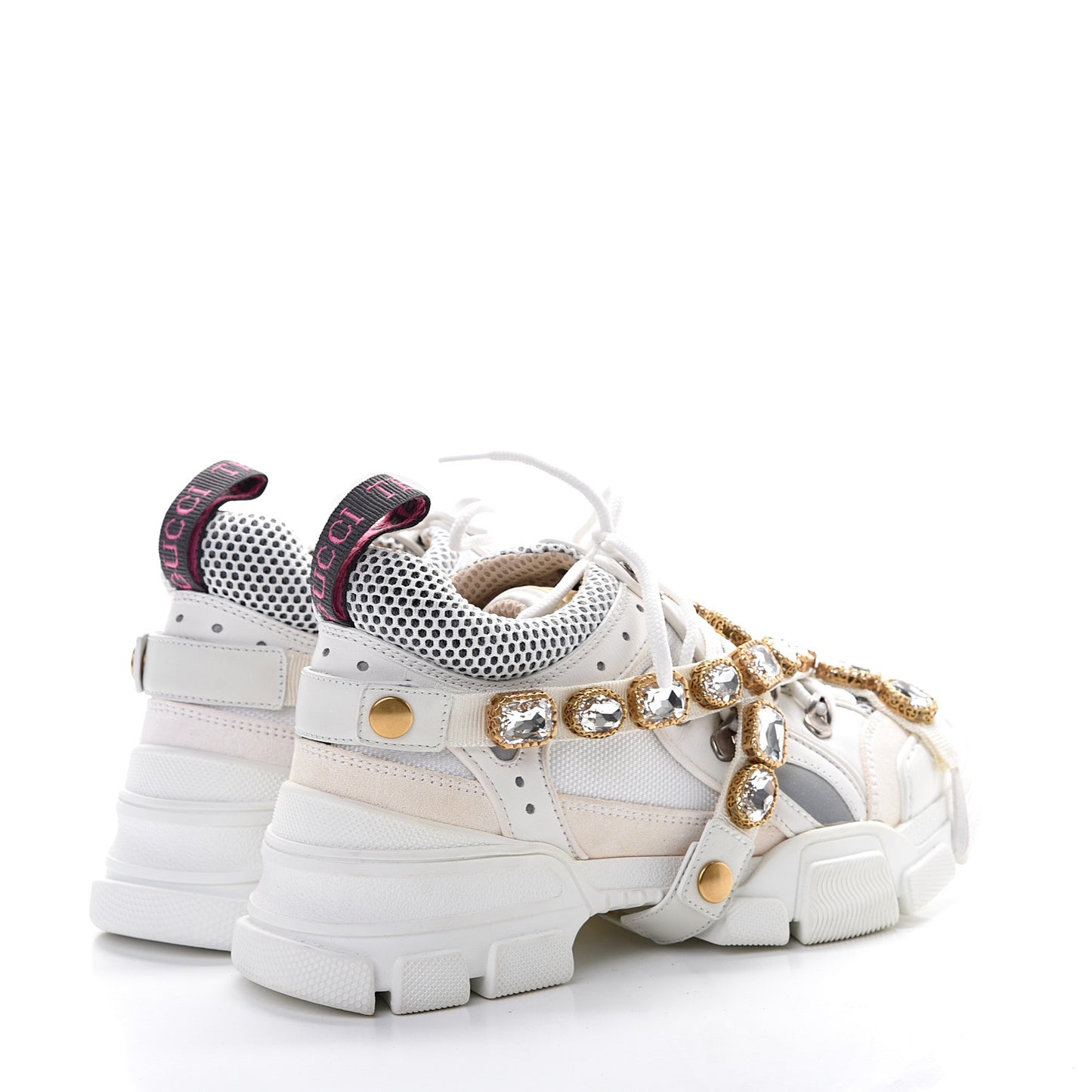 X SEGA Mesh Calfskin Suede Removable Crystals Womens Flashtrek Sneakers 37.5 Great White