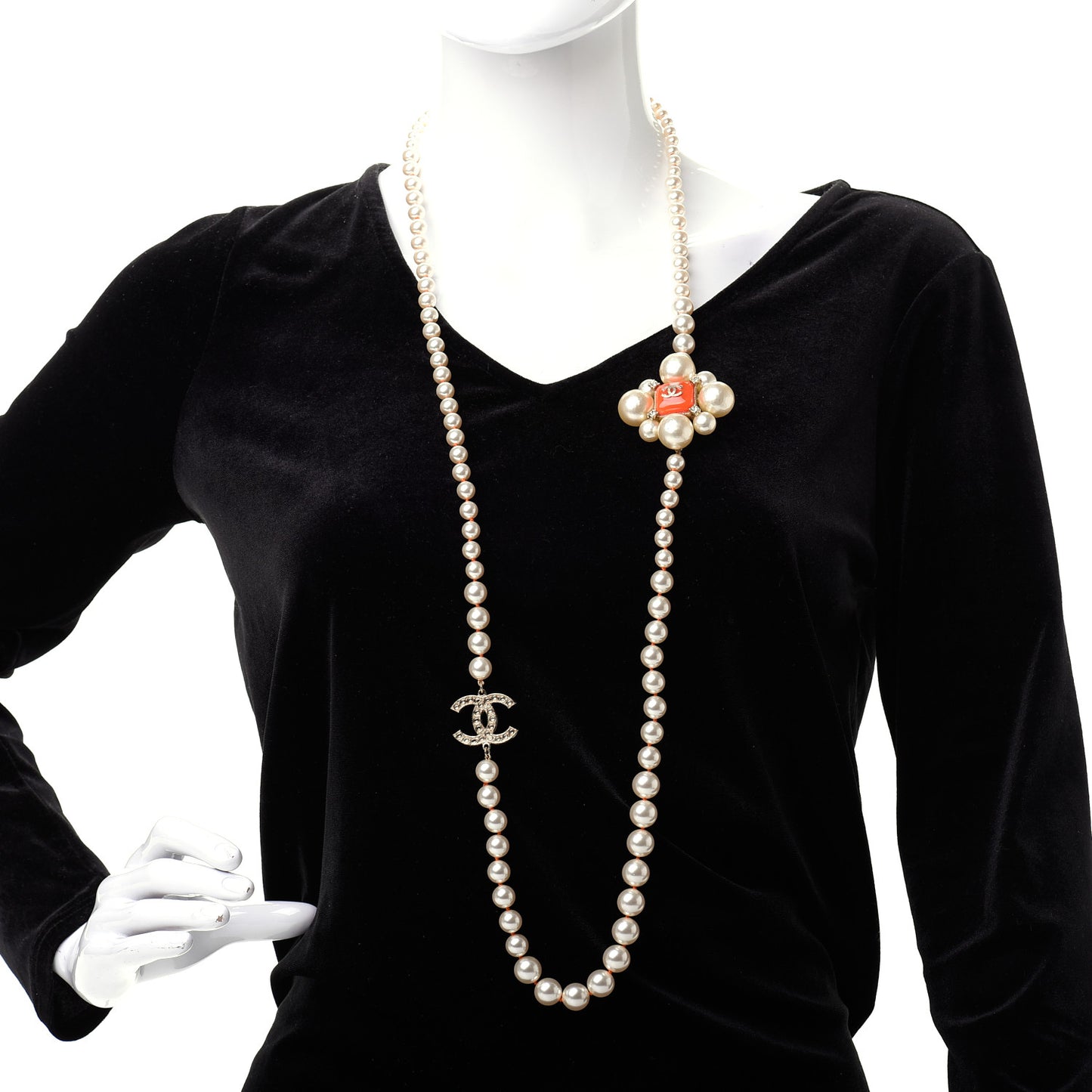 Pearl Crystal Gripoix CC Long Necklace Gold Pearly White Orange