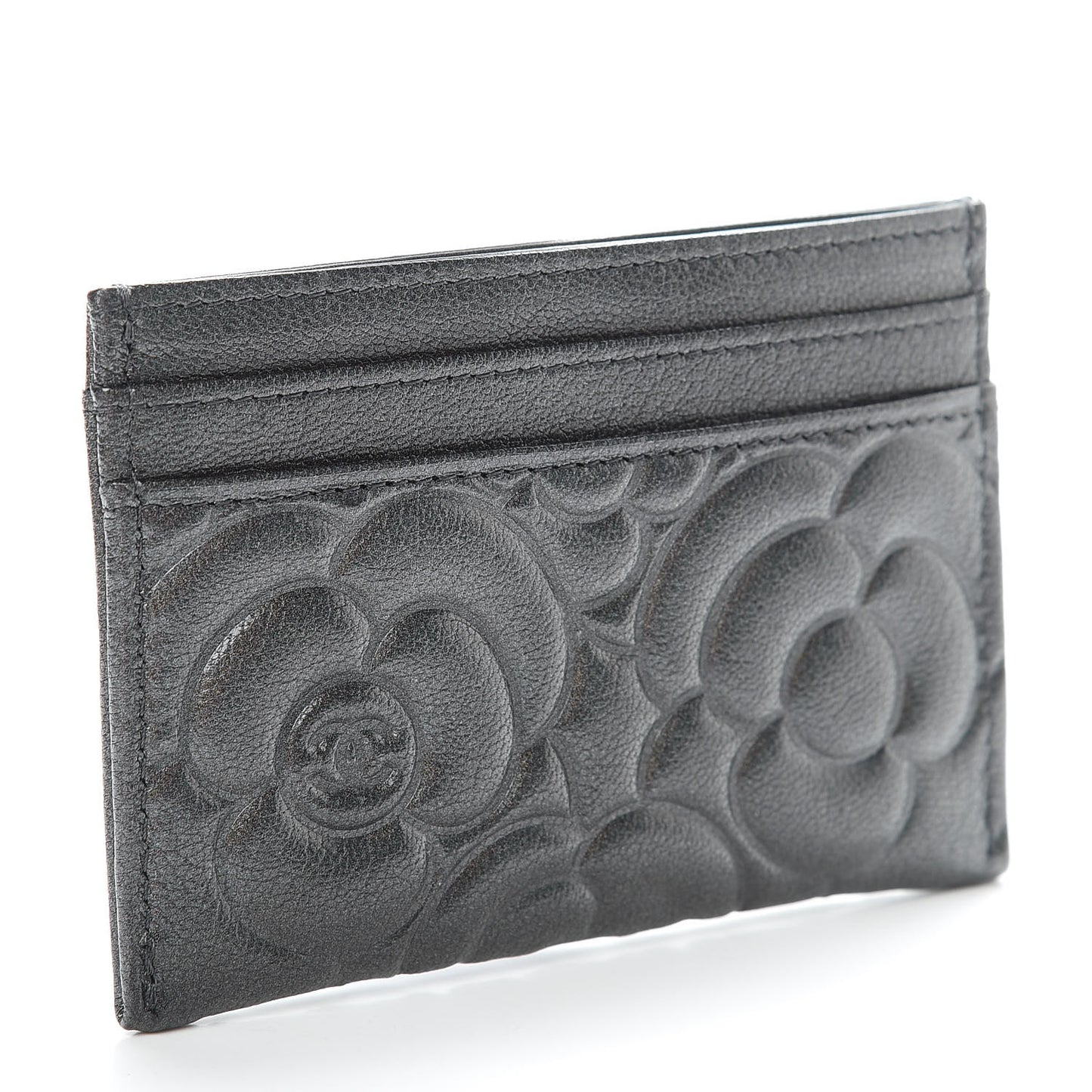 Goatskin Camellia Embossed Card Holder Anthracite