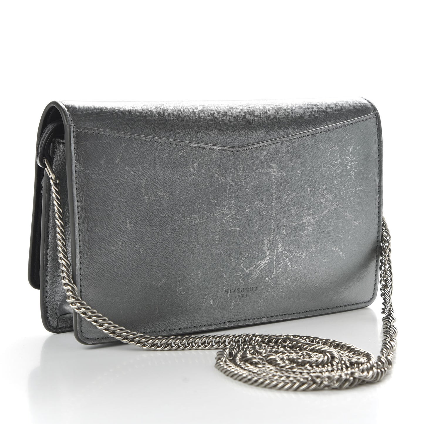 Metallic Lambskin Emblem Chain Wallet Silver