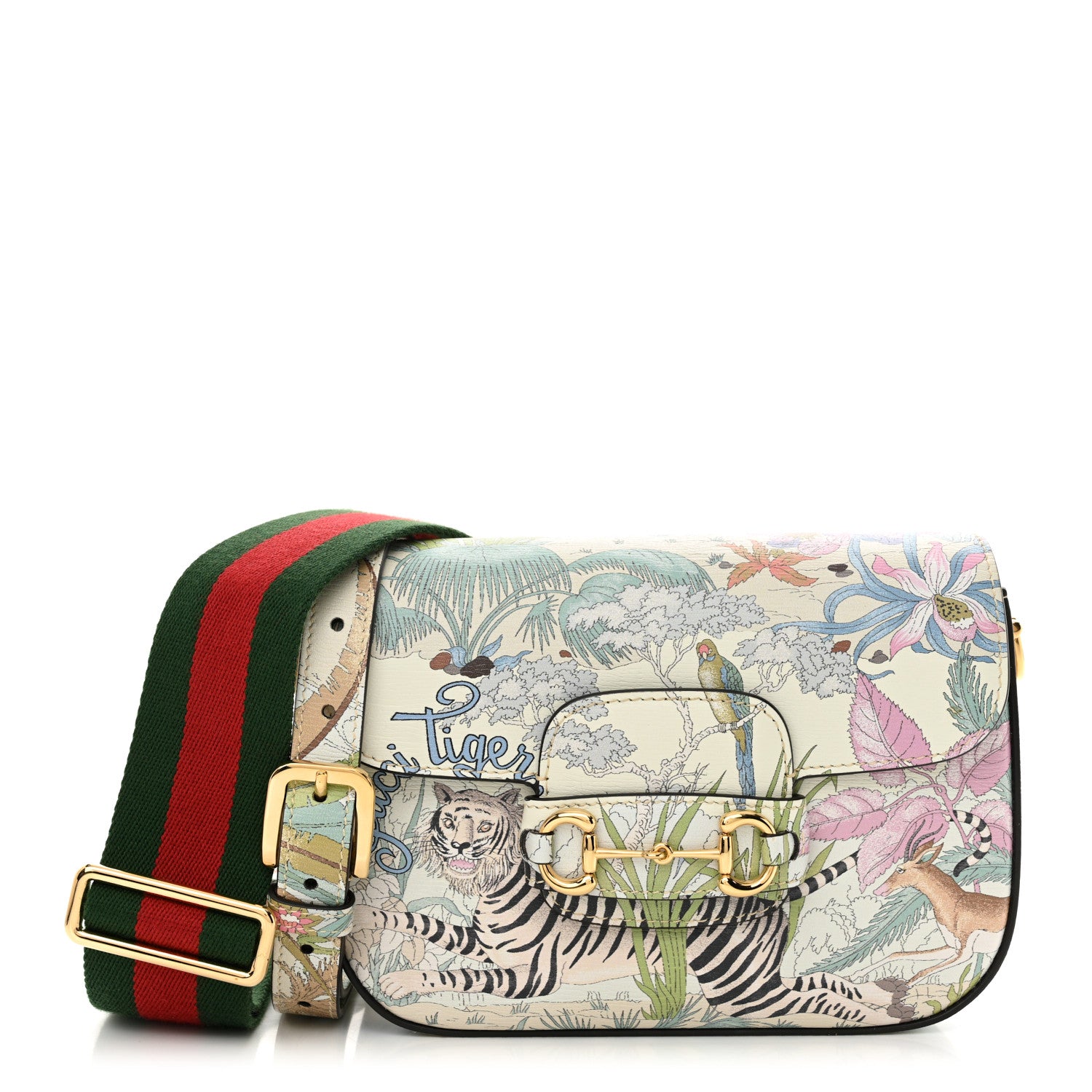 Gucci New Shangai Calfskin Tiger Savanah Web Mini Horsebit 1955 Shoulder Bag Chalky White Multicolor 1 of 12