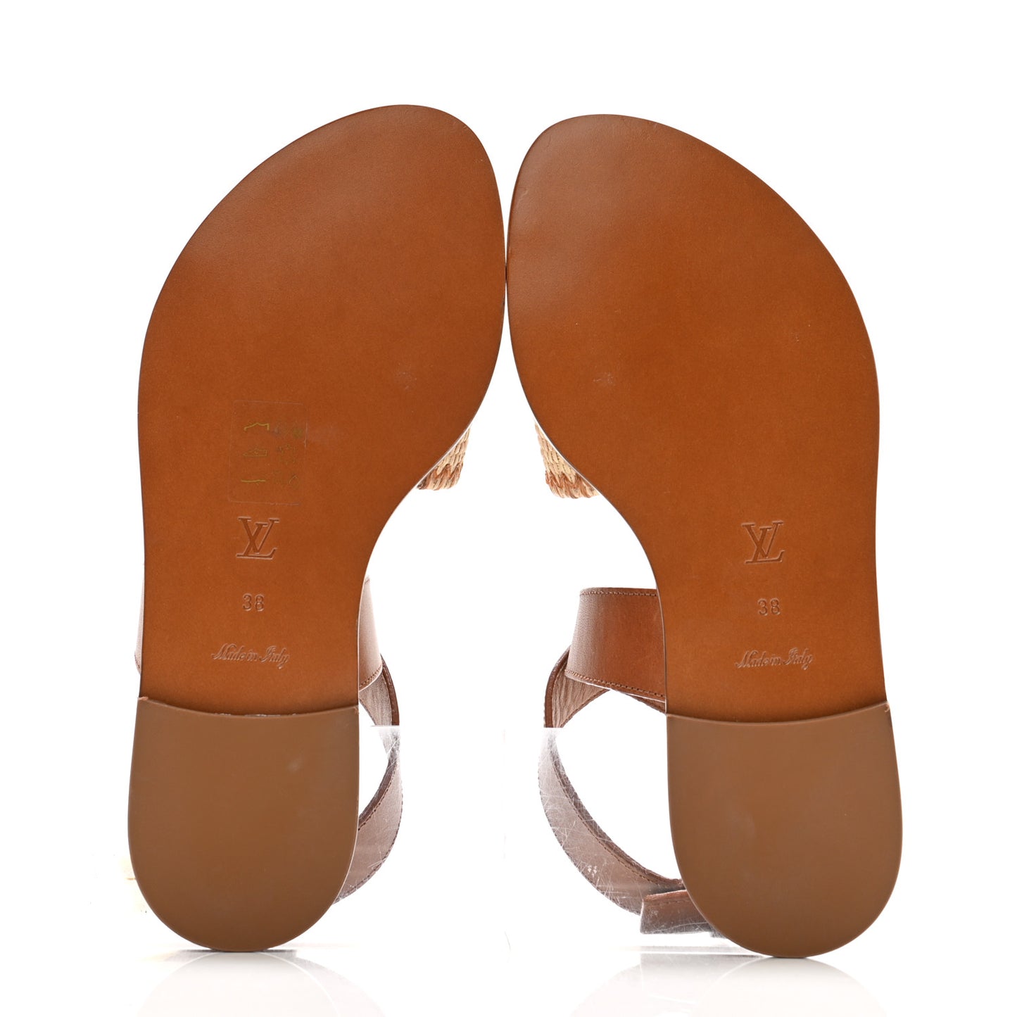 Raffia Calfskin Monogram Sienna Flat Sandals 38 Cognac