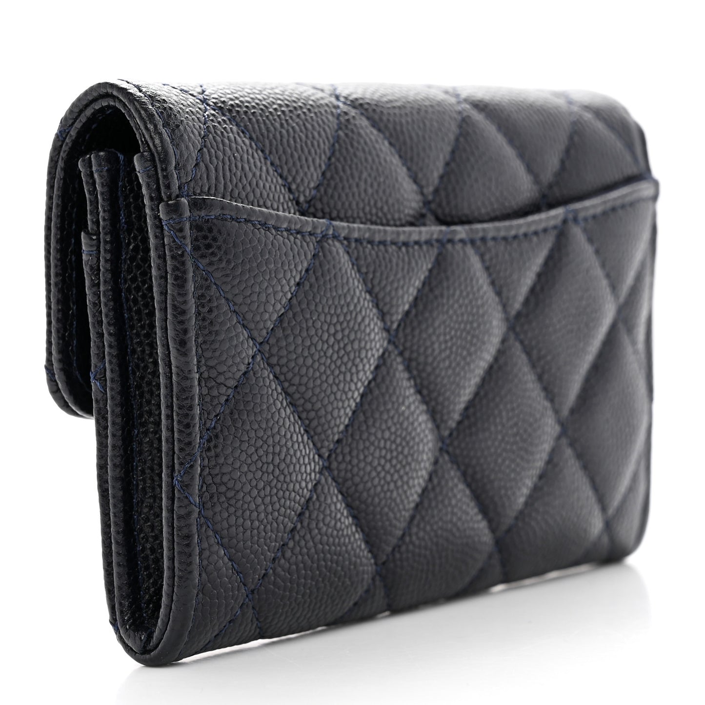 Caviar Quilted Flap Card Holder Wallet Navy Blue