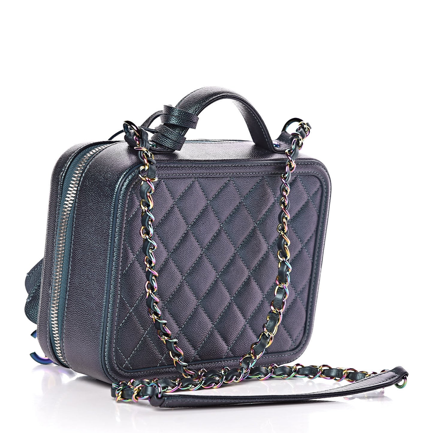 Iridescent Caviar Quilted Medium CC Filigree Vanity Case Dark Turquoise