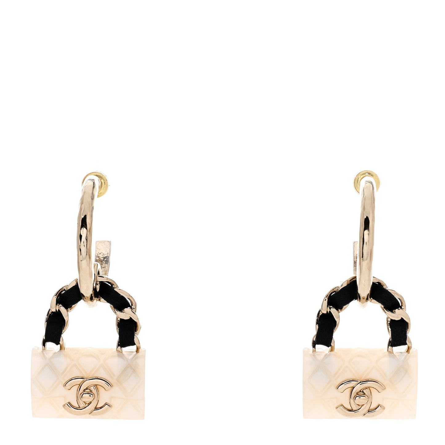 Metal Resin Lambskin Quilted CC Turnlock Chain Bag Earrings Gold Pearly White