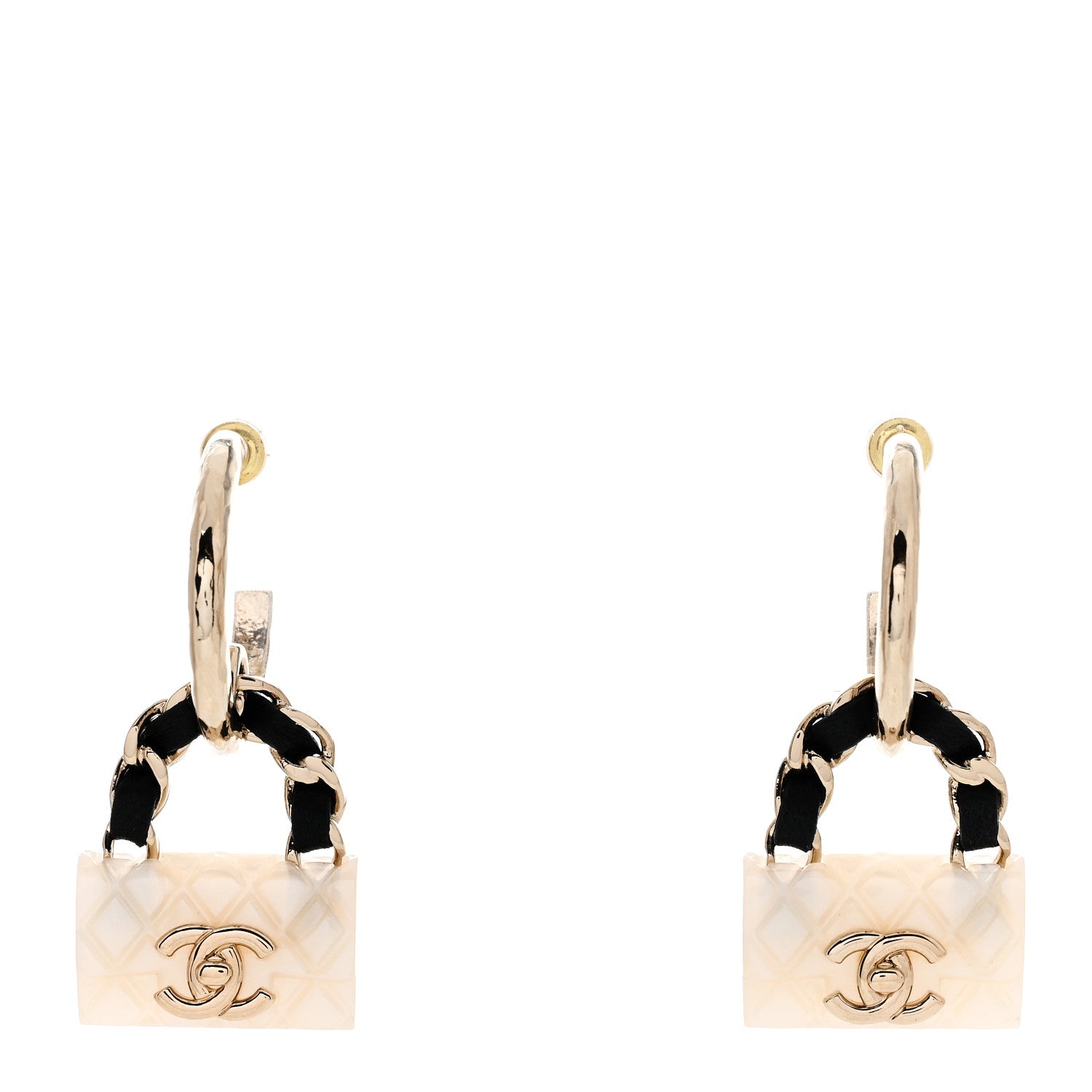 Chanel Metal Resin Lambskin Quilted CC Turnlock Chain Bag Earrings Gold Pearly White 1 of 5