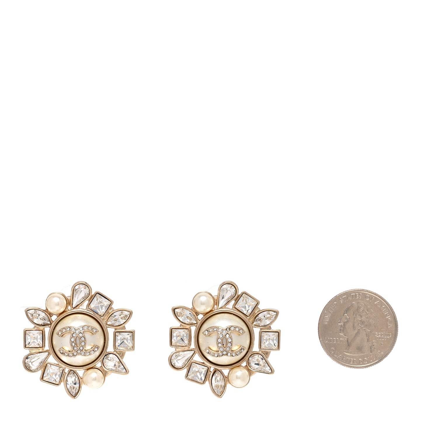 Pearl Crystal CC Round Earrings Gold