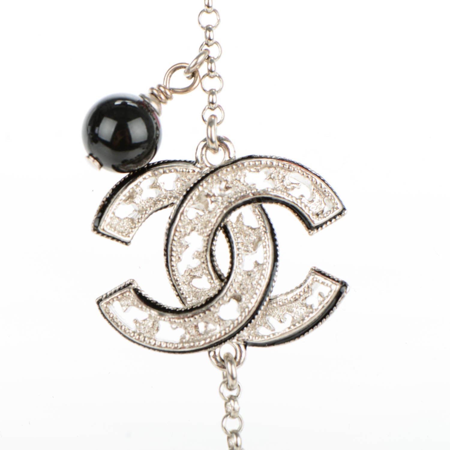 Chanel Bead Crystal CC Cross Pendant Necklace Black Silver 4 of 7