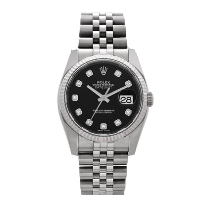 Rolex Stainless Steel 18K White Gold Diamond 36mm Oyster Perpetual Datejust Watch Black 116234 1 of 5