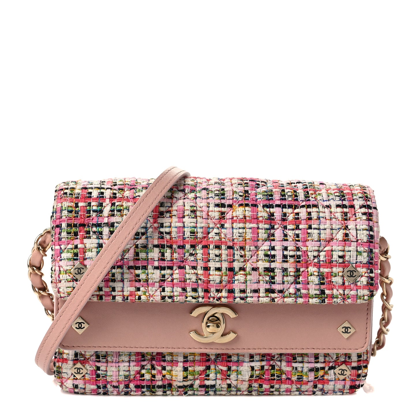 Tweed Calfskin Quilted CC Box Flap Pink Multicolor