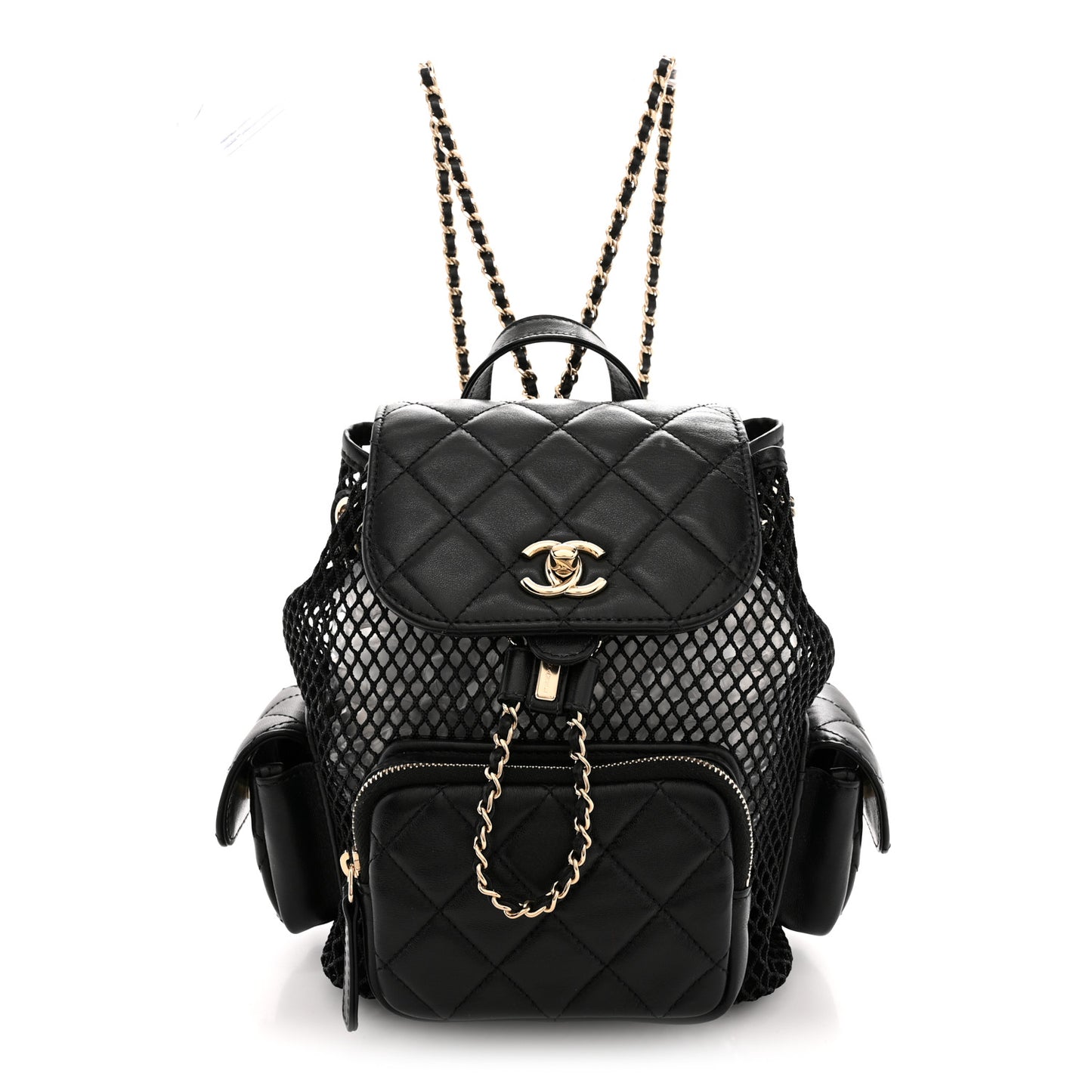 Shiny Lambskin Mesh Quilted Small Cargo Duma Drawstring Backpack Black