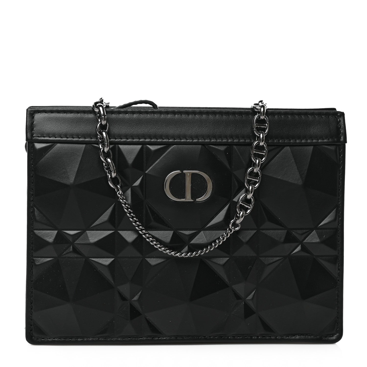 Christian Dior Calfskin Macrocannage Diamond Caro Zipped Pouch With Chain Black 1 of 9