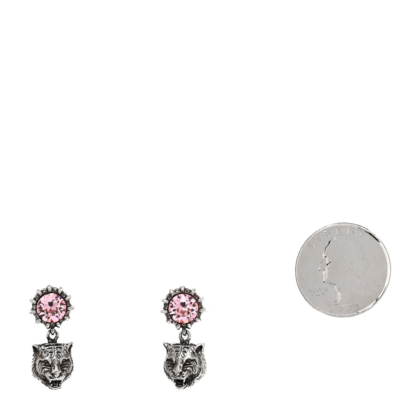 Metal Crystal Feline Earrings Aged Silver Pink