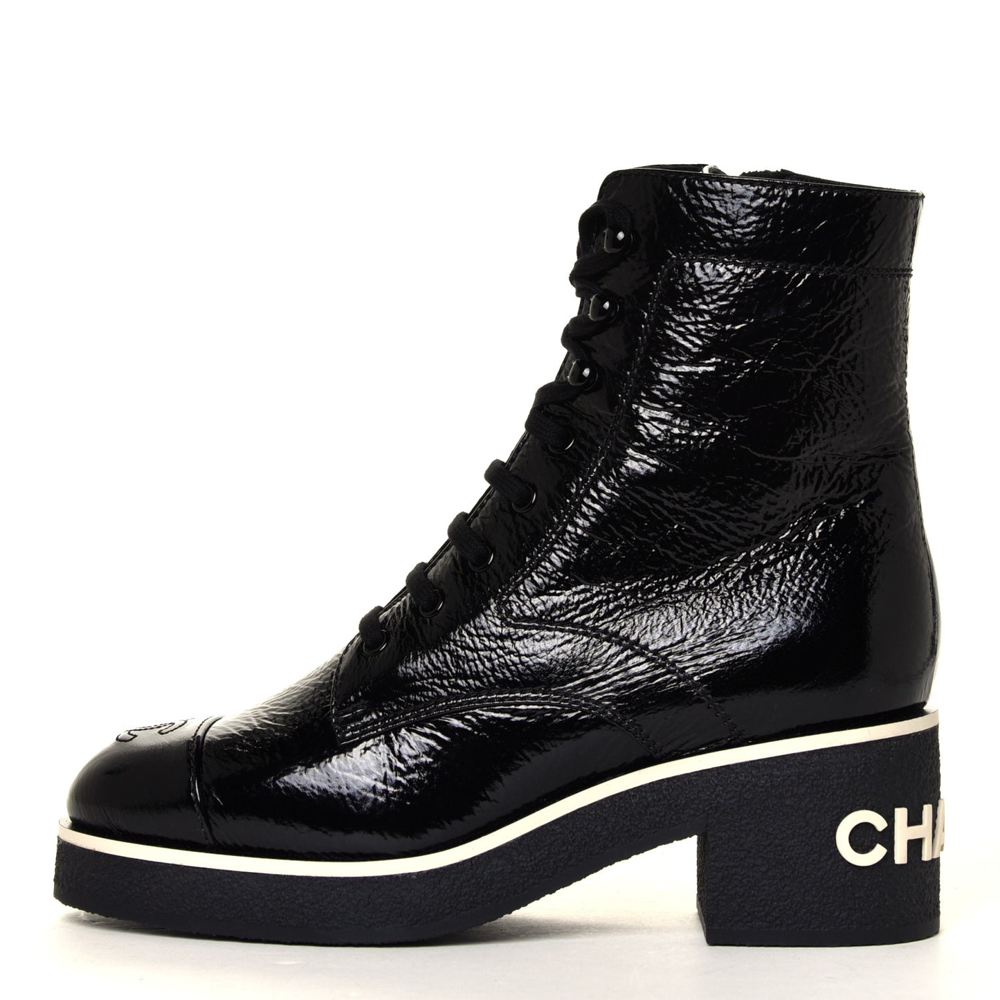 Shiny Crumpled Lambskin Lace Up Combat Boots 38.5 Black