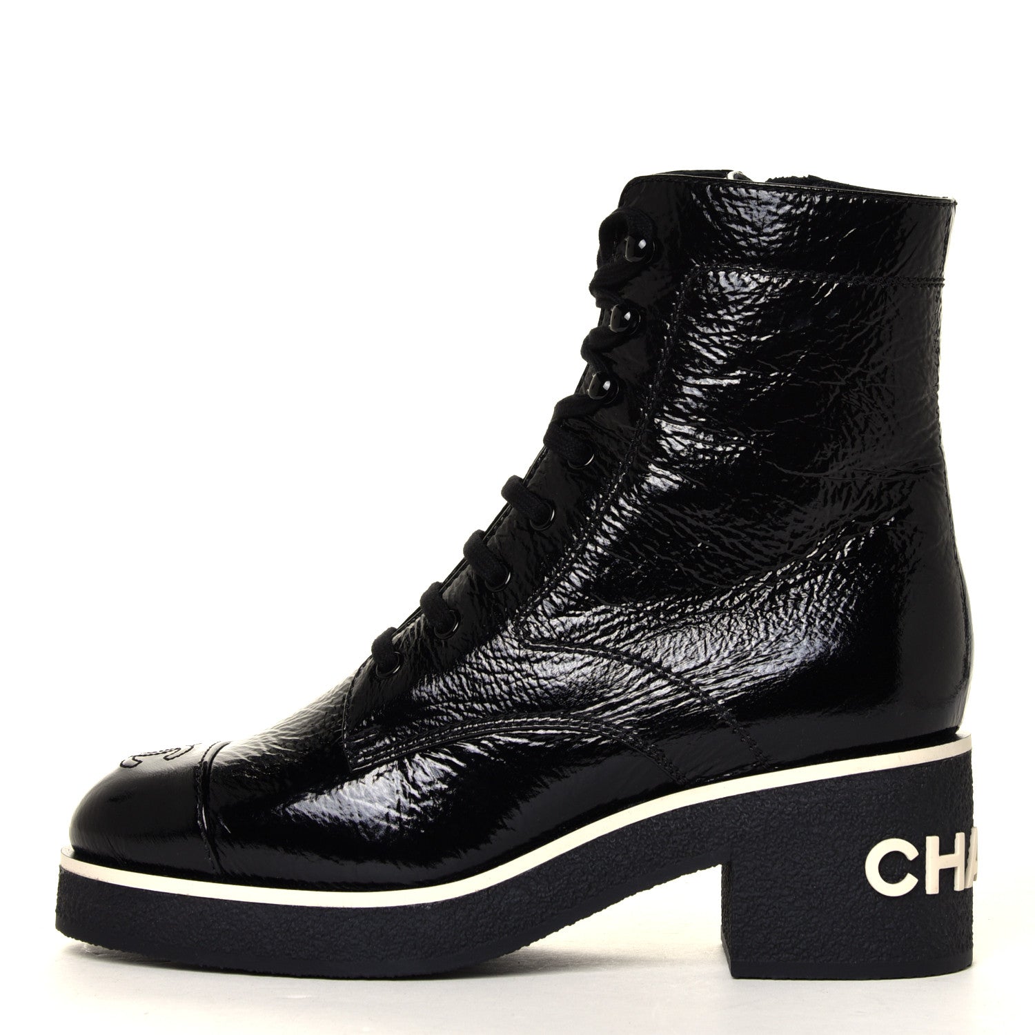 Chanel Shiny Crumpled Lambskin Lace Up Combat Boots 38.5 Black 2 of 12