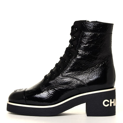 Chanel Shiny Crumpled Lambskin Lace Up Combat Boots 38.5 Black 2 of 12