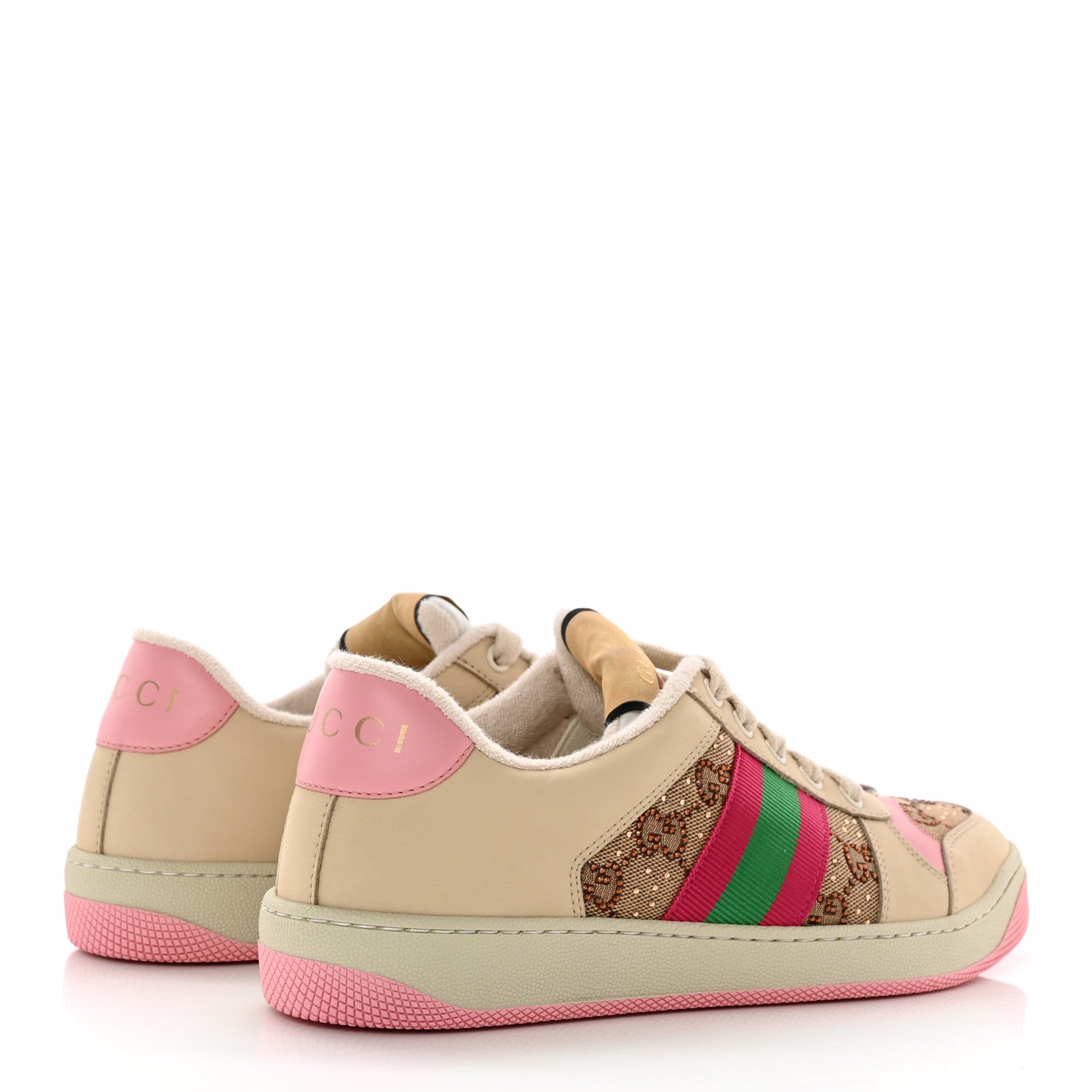 Gucci New GG Monogram Nubuck Web Crystal Embellished Womens Screener Sneakers 38 Camel Ebony Wild Rose 4 of 9
