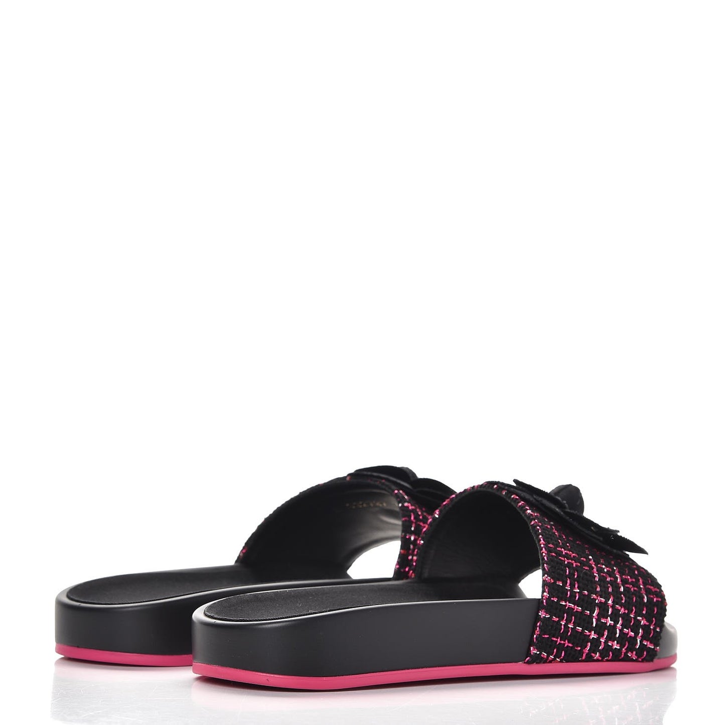 Tweed Grosgrain Camellia CC Flat Mules 36 Black Pink