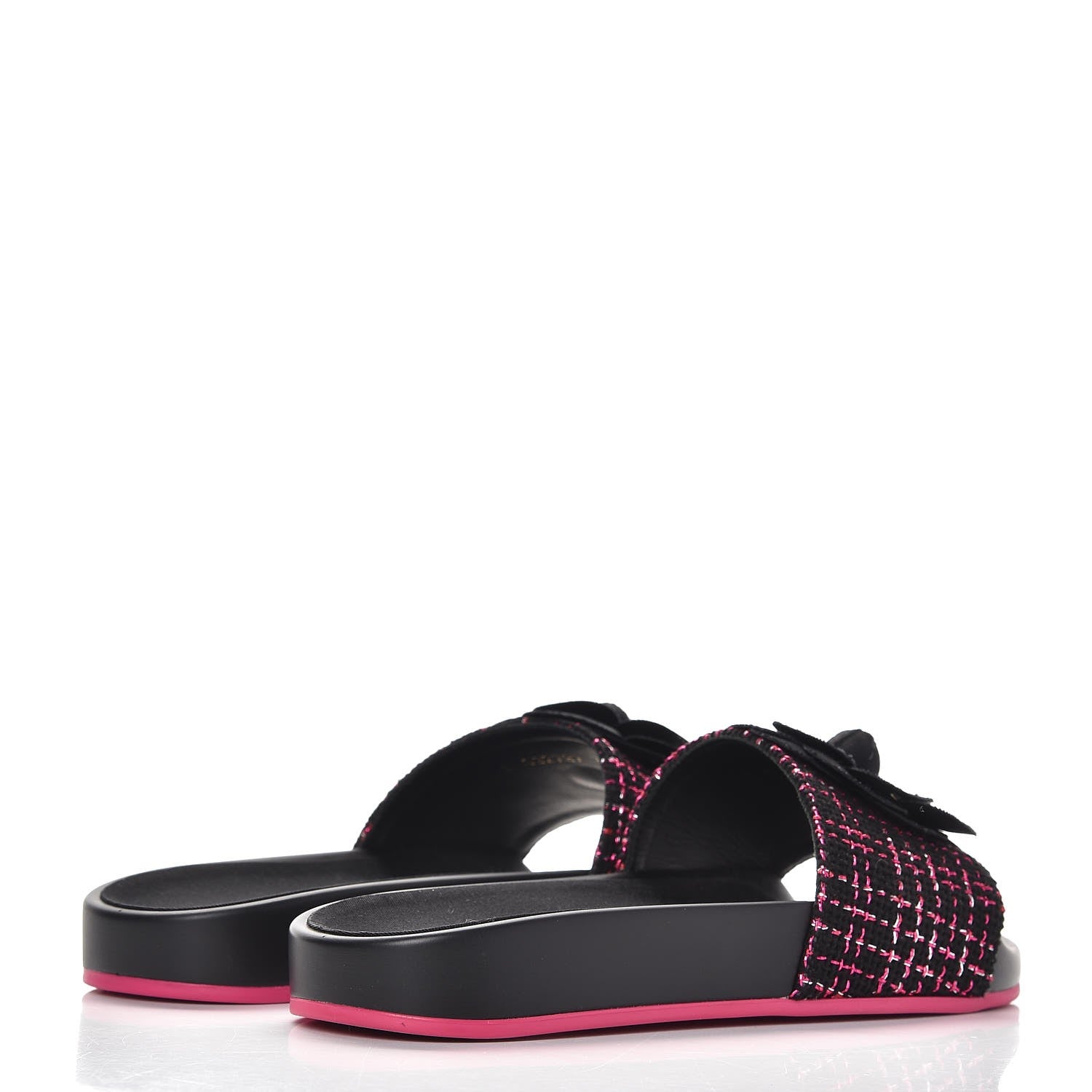 Chanel Tweed Grosgrain Camellia CC Flat Mules 36 Black Pink 4 of 10