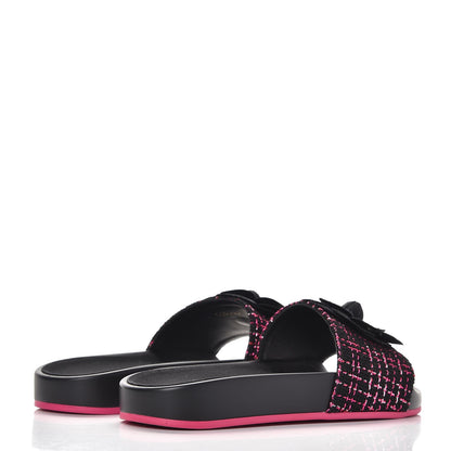 Chanel Tweed Grosgrain Camellia CC Flat Mules 36 Black Pink 4 of 10