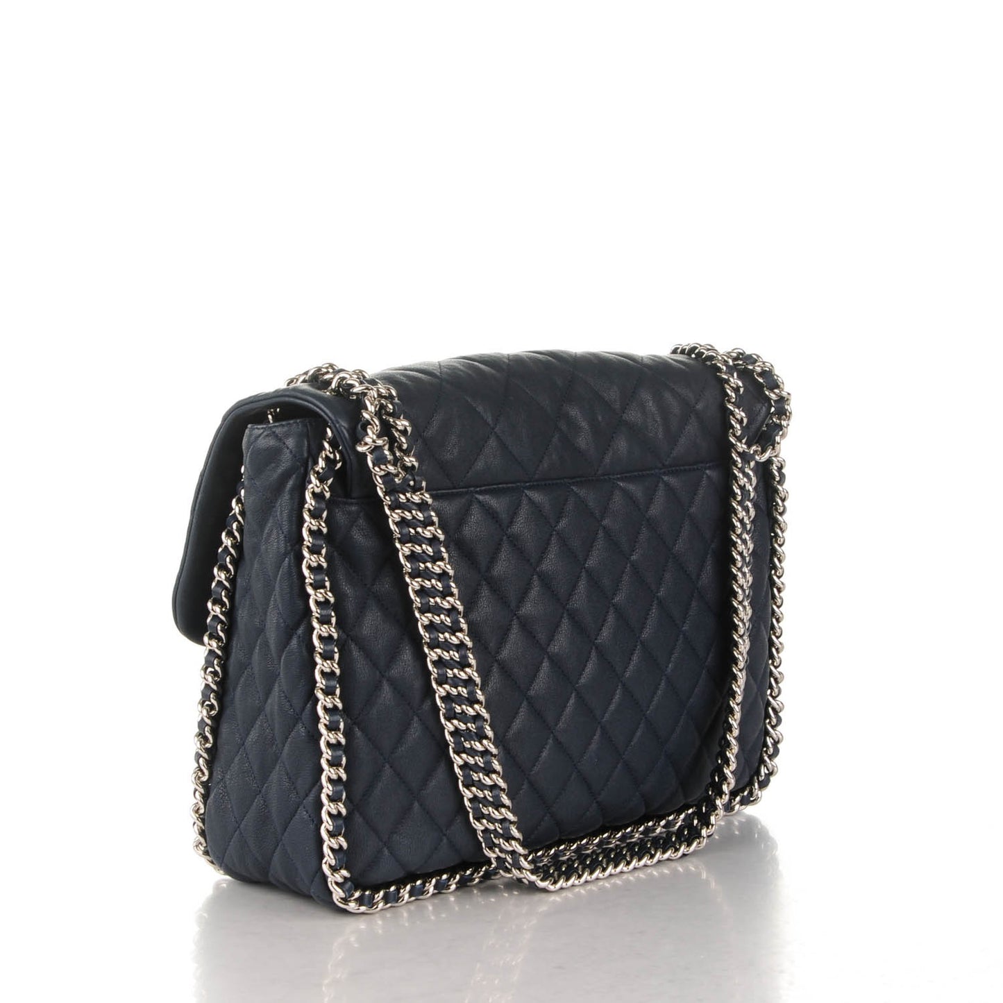 Washed Lambskin Quilted Chain Around Maxi Flap Dark Navy Blue
