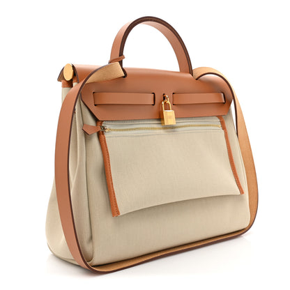 Hermes Military Toile Vache Hunter Herbag Zip Retourne 31 PM Beton Naturel 4 of 11