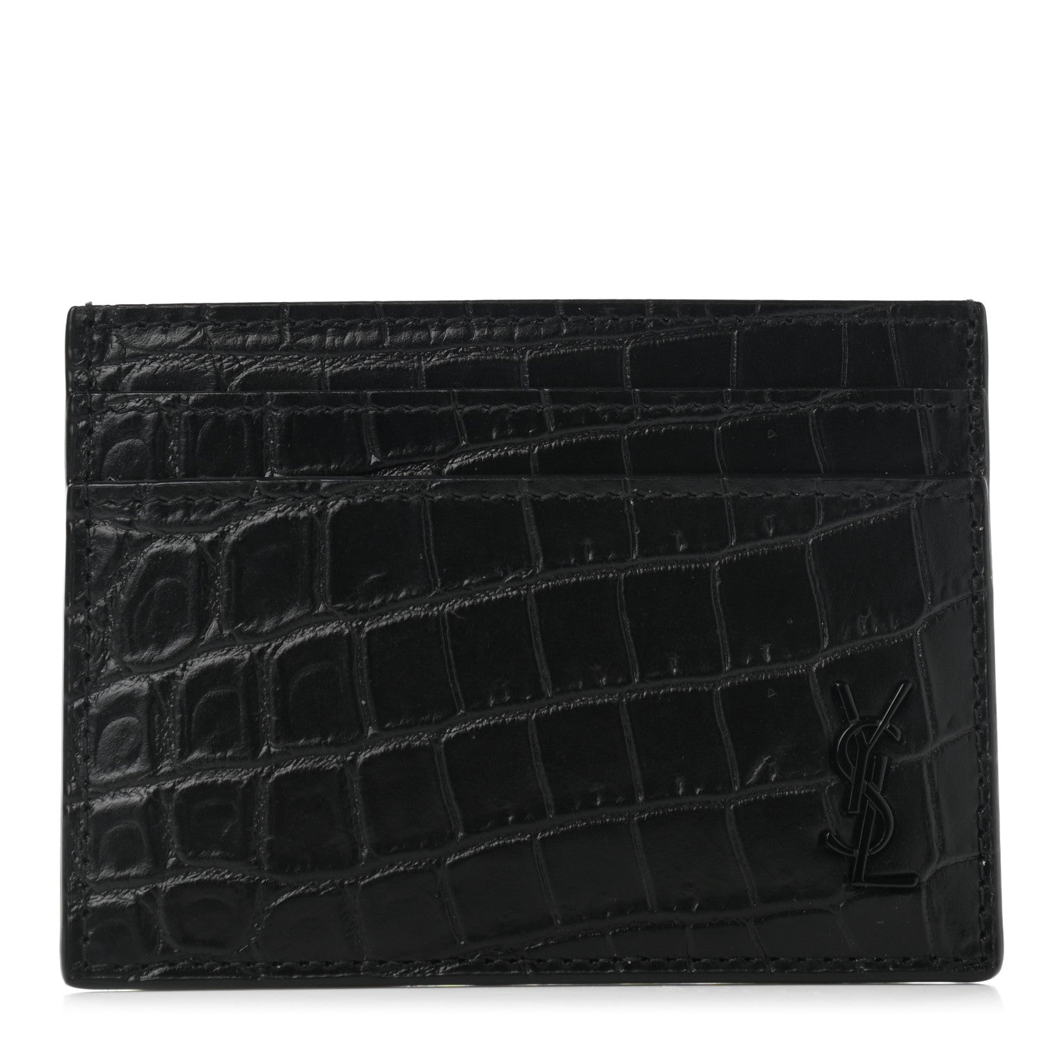 Saint Laurent Calfskin Crocodile Embossed Monogram Tiny Cassandra Credit Card Case Black 1 of 8
