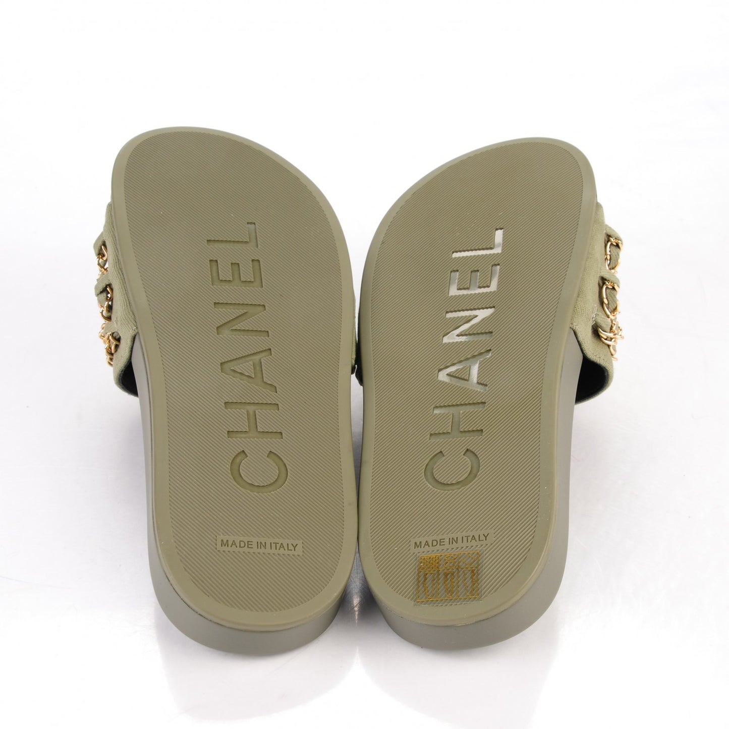 Lambskin Canvas Chain Flat Sandals 38 Khaki