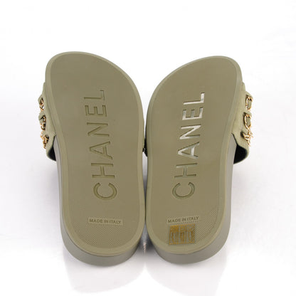 Chanel Lambskin Canvas Chain Flat Sandals 38 Khaki 5 of 7