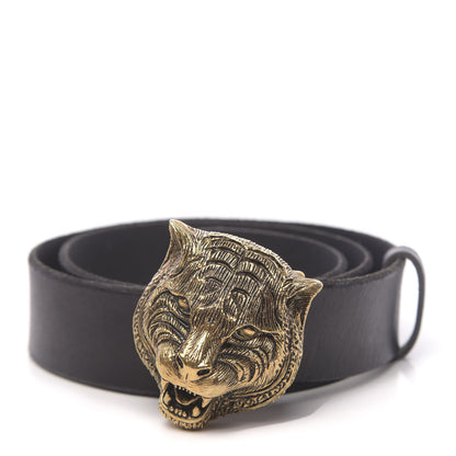 Gucci Calfskin Brass Feline Buckle Belt 80 32 Black 1 of 5