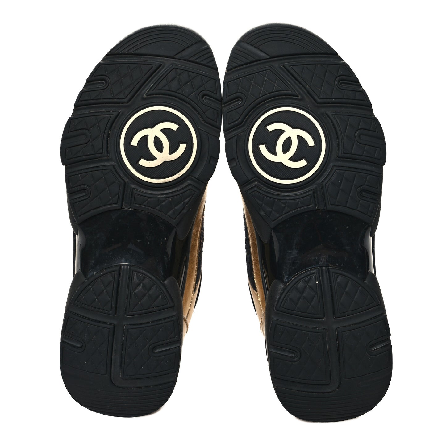 Satin Lambskin Fabric Tweed CC Sneakers 38.5 Gold Black