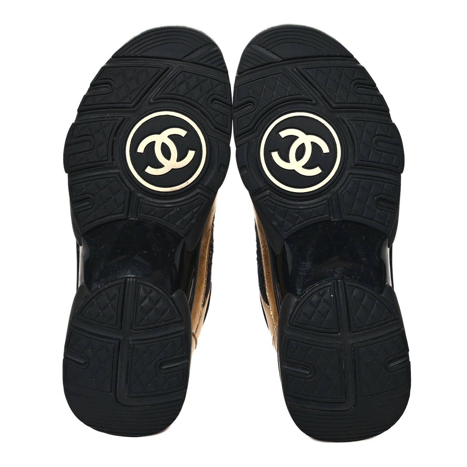 Chanel Satin Lambskin Fabric Tweed CC Sneakers 38.5 Gold Black 5 of 13
