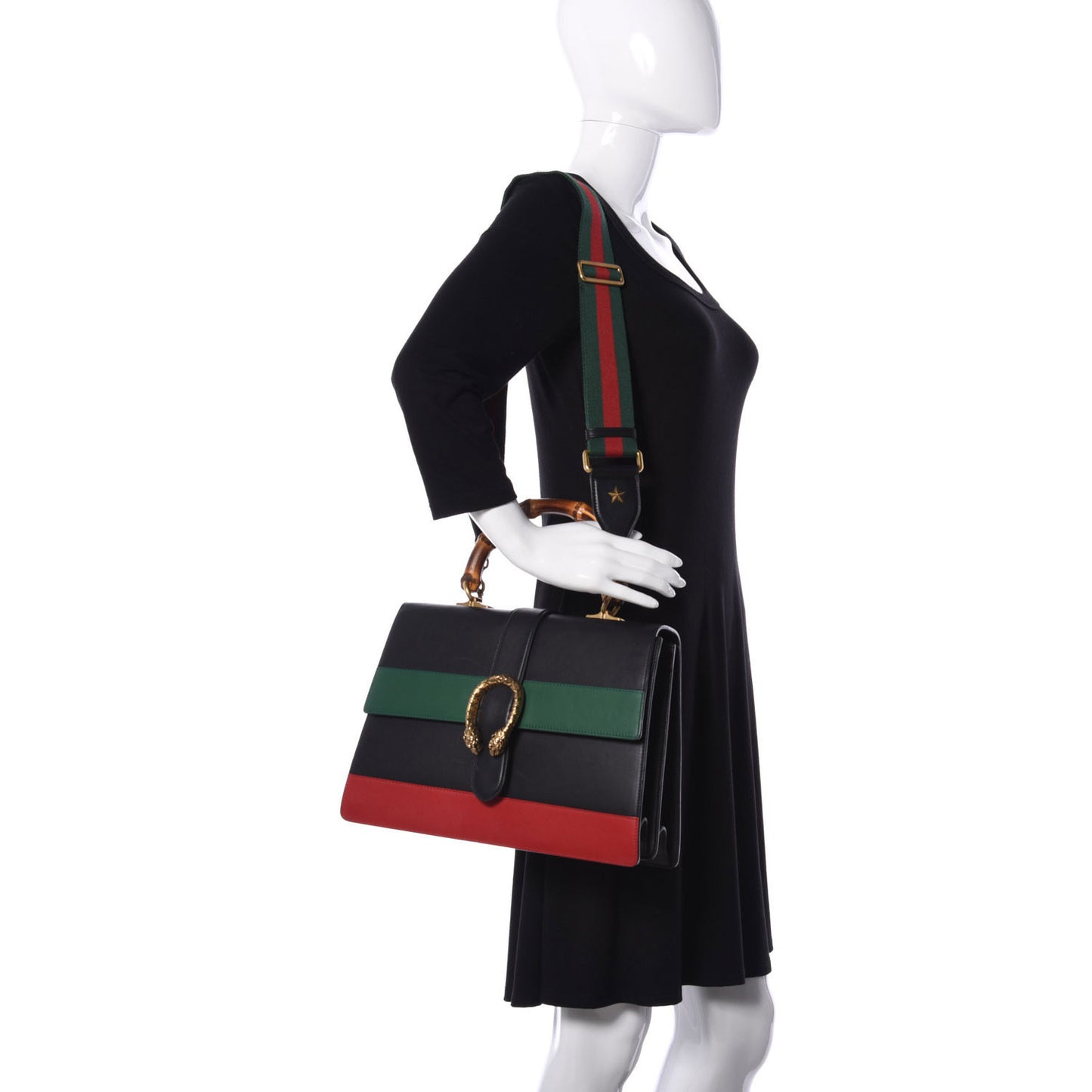 Calfskin Bamboo Web Large Dionysus Top Handle Bag Black Bright Evergreen Hibiscus Red