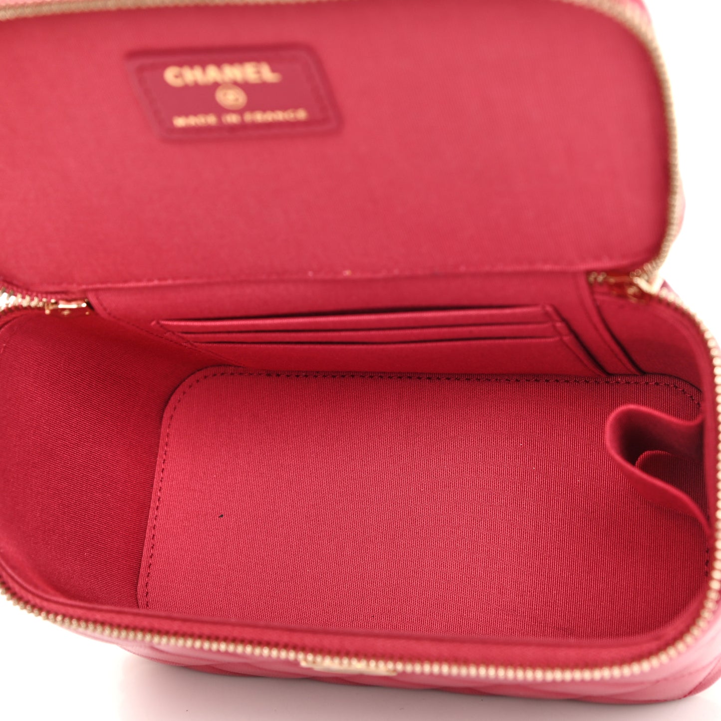 Lambskin Quilted Small Top Handle Vanity Case With Chain Dark Pink