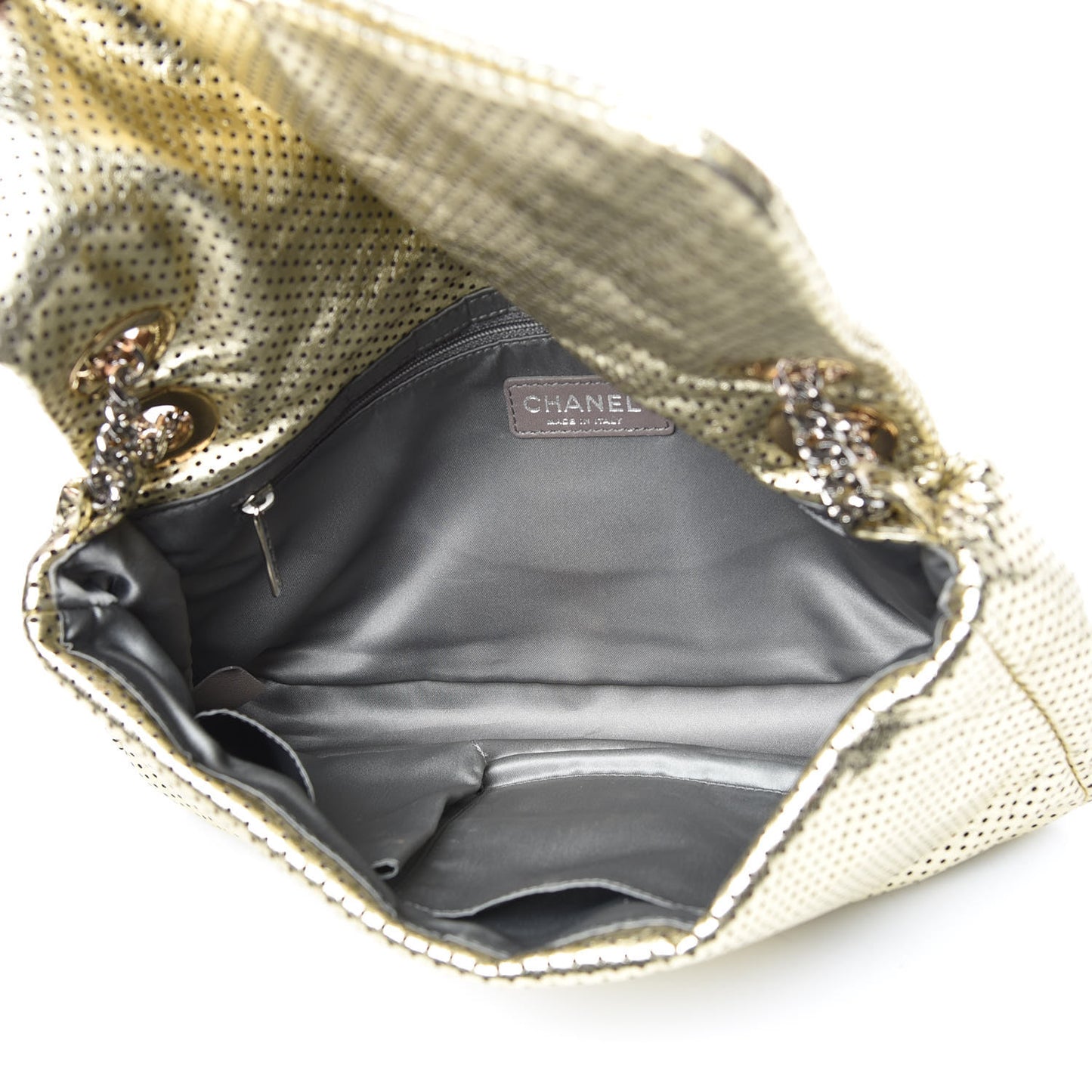 Metallic Crackled Calfskin Perforated Large Drill Flap Gold