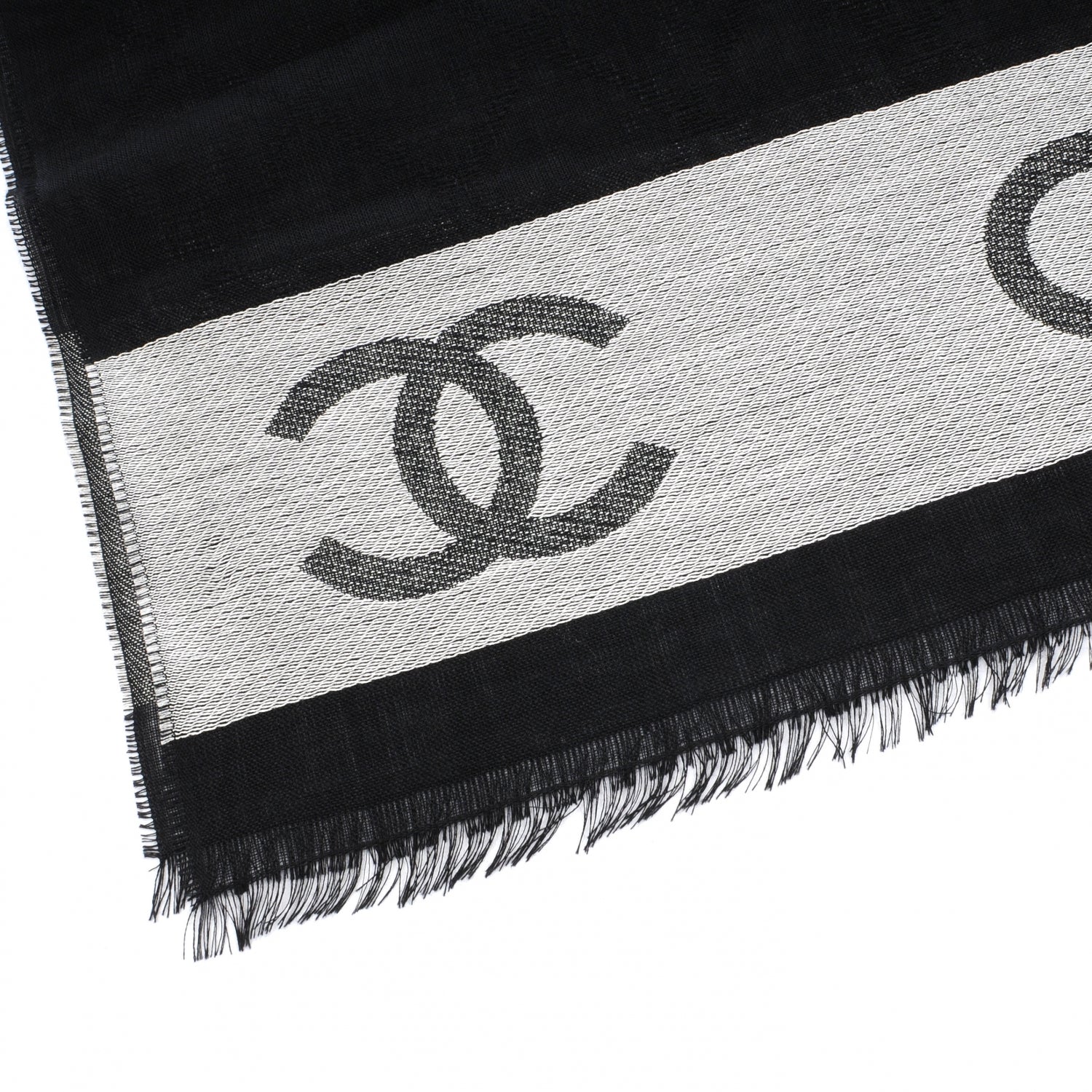 Chanel Wool Cashmere Silk CC Scarf Shawl Black White 4 of 8