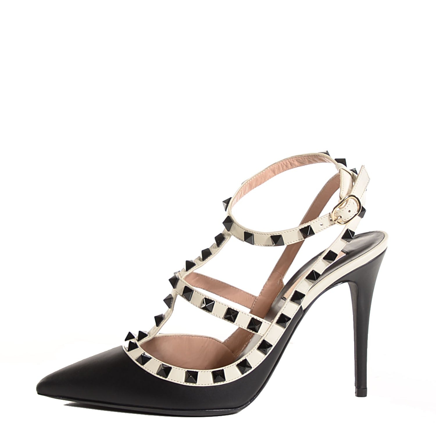 Valentino Garavani Nappa Rockstud Ankle Strap 100mm Pumps 38.5 Black Light Ivory 1 of 8