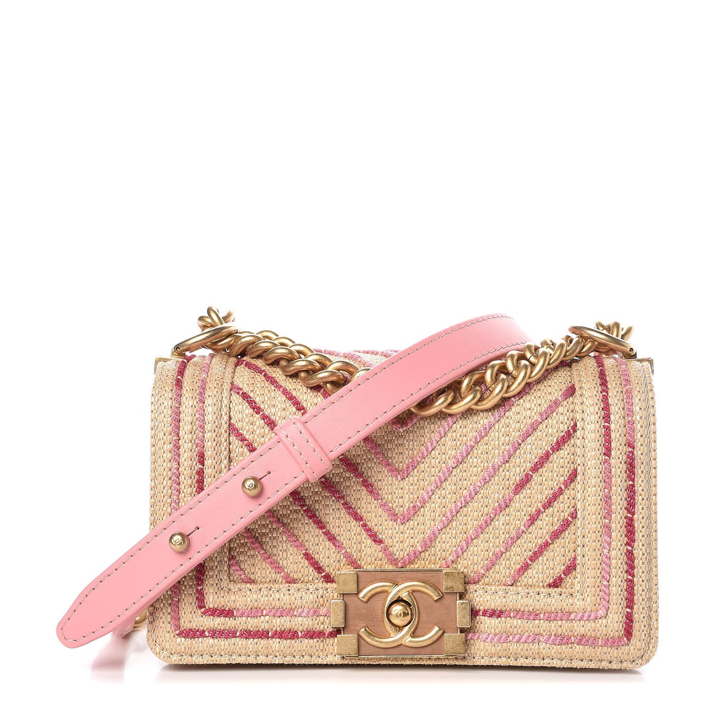 Cotton Canvas Calfskin Chevron Embroidered Small Boy Flap Beige Pink