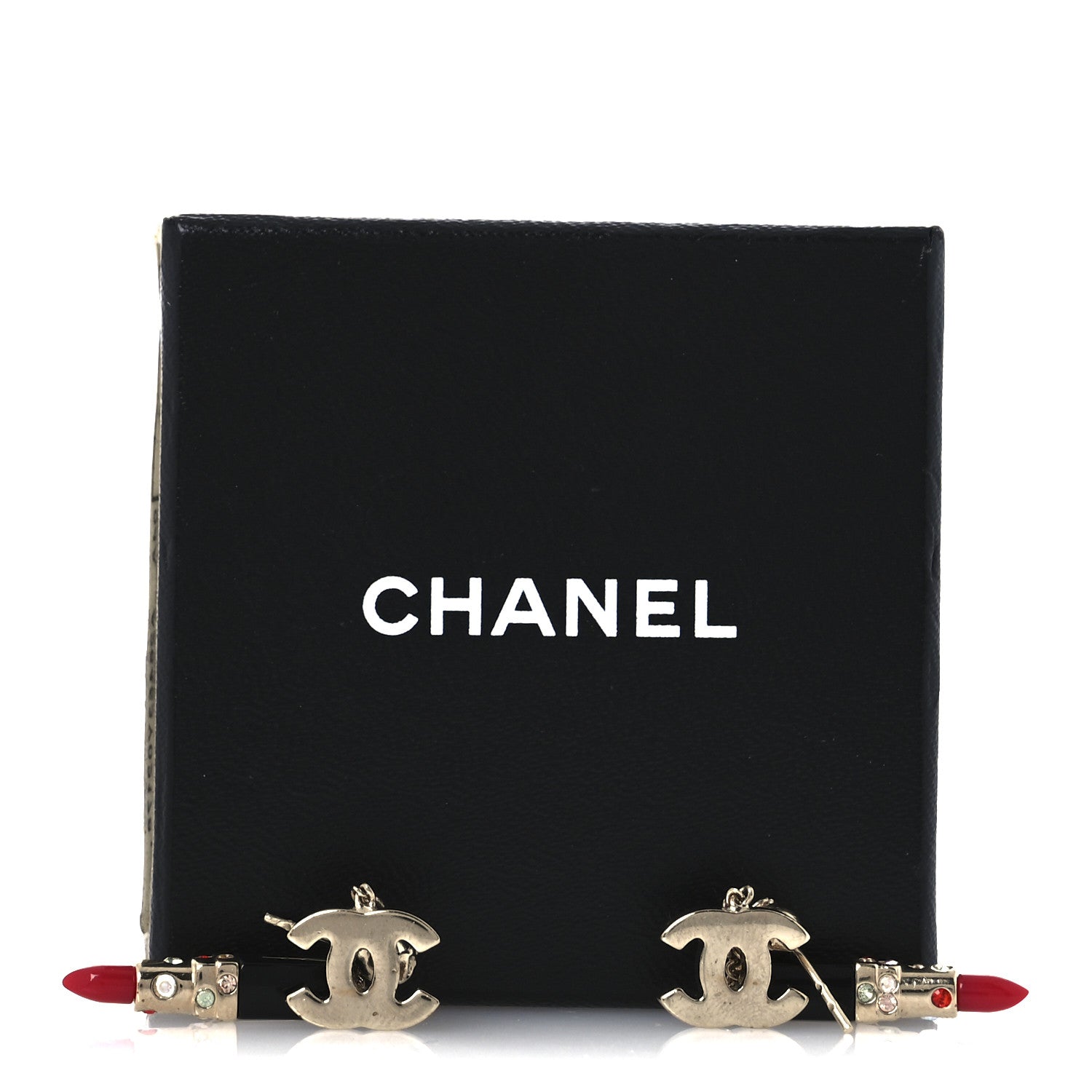 Chanel Crystal Enamel CC Lipstick Drop Earrings Red Black Gold 5 of 5