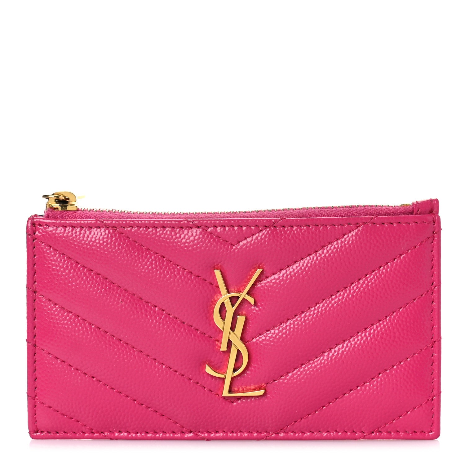 Saint Laurent Grain De Poudre Matelasse Chevron Monogram Fragments Zippered Card Case Fuxia 1 of 9
